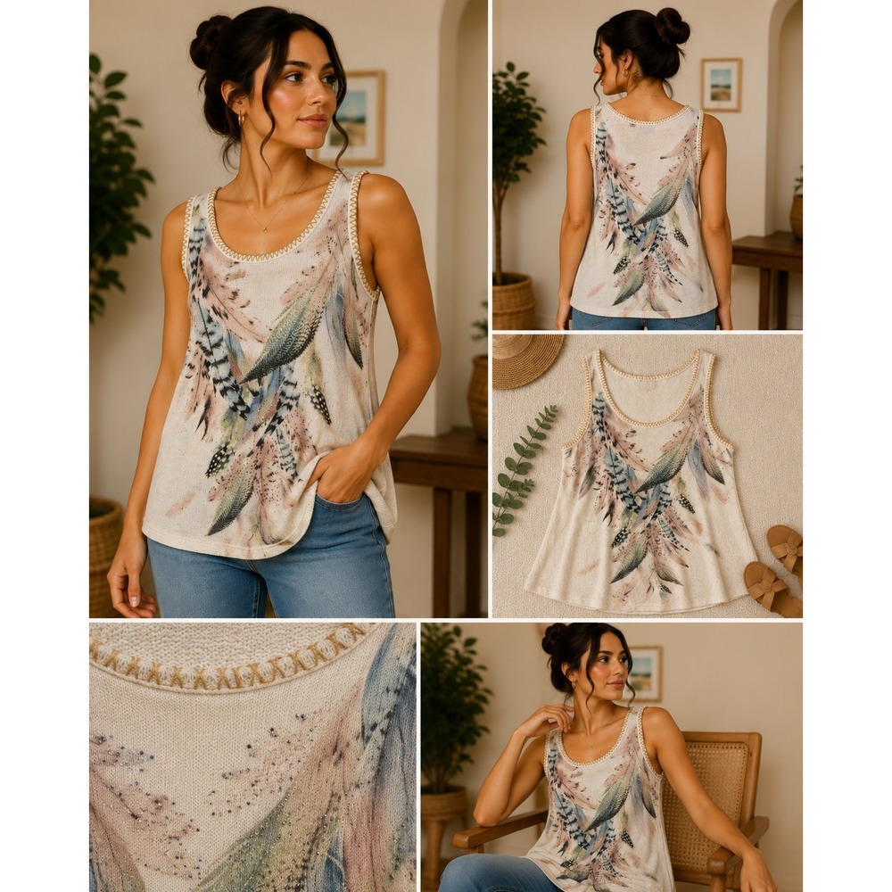 Vocal Feather Rhinestone Tunic Top Womens Medium Cream Boho Western Aesthetic